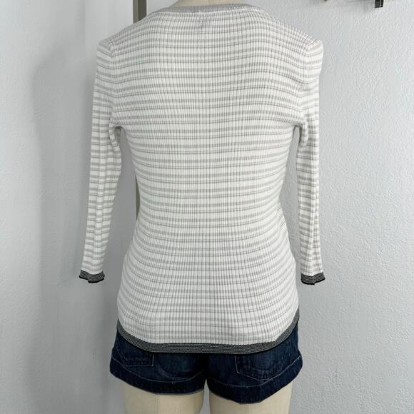Gray and White Striped Button V-Neck Cardigan - Picture 5 of 9